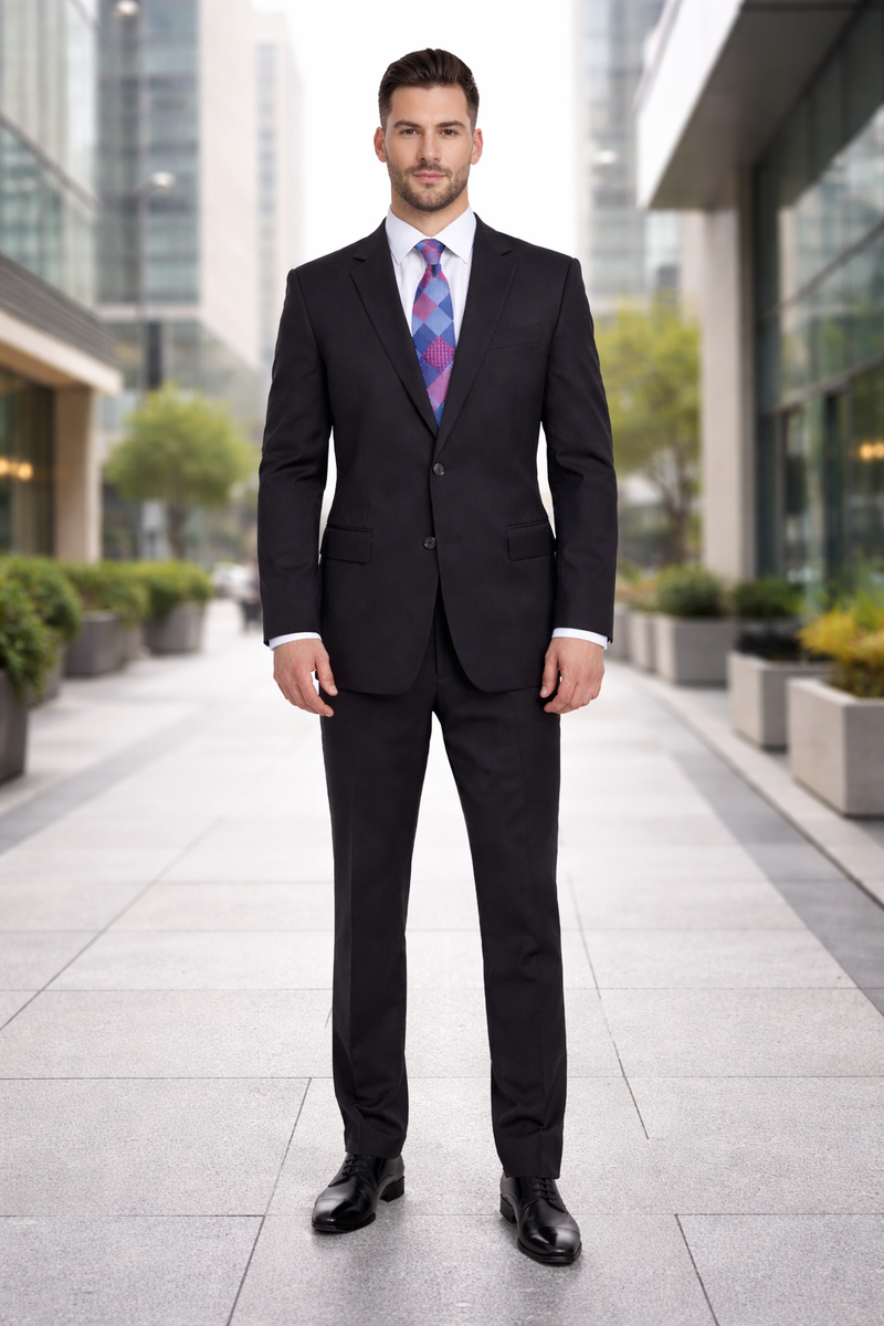Mix And Match Suits Men's Black Portly Fit Tonal Pinstriped Pattern Two Button Super 130'S Suit Executive Fit Suit - Mens Portly Suit
