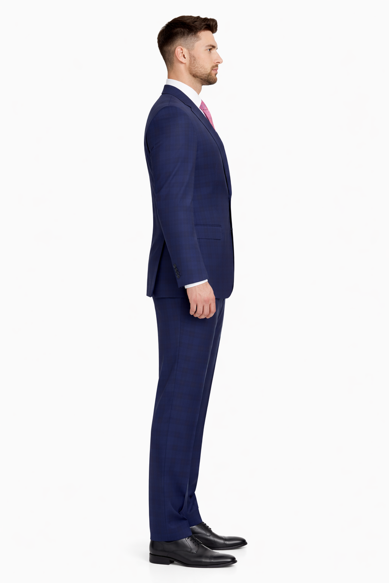 Mix And Match Suits Men's Plaid Pattern Portly Fit Blue Two Button Fully Lined Suit Executive Fit Suit - Mens Portly Suit