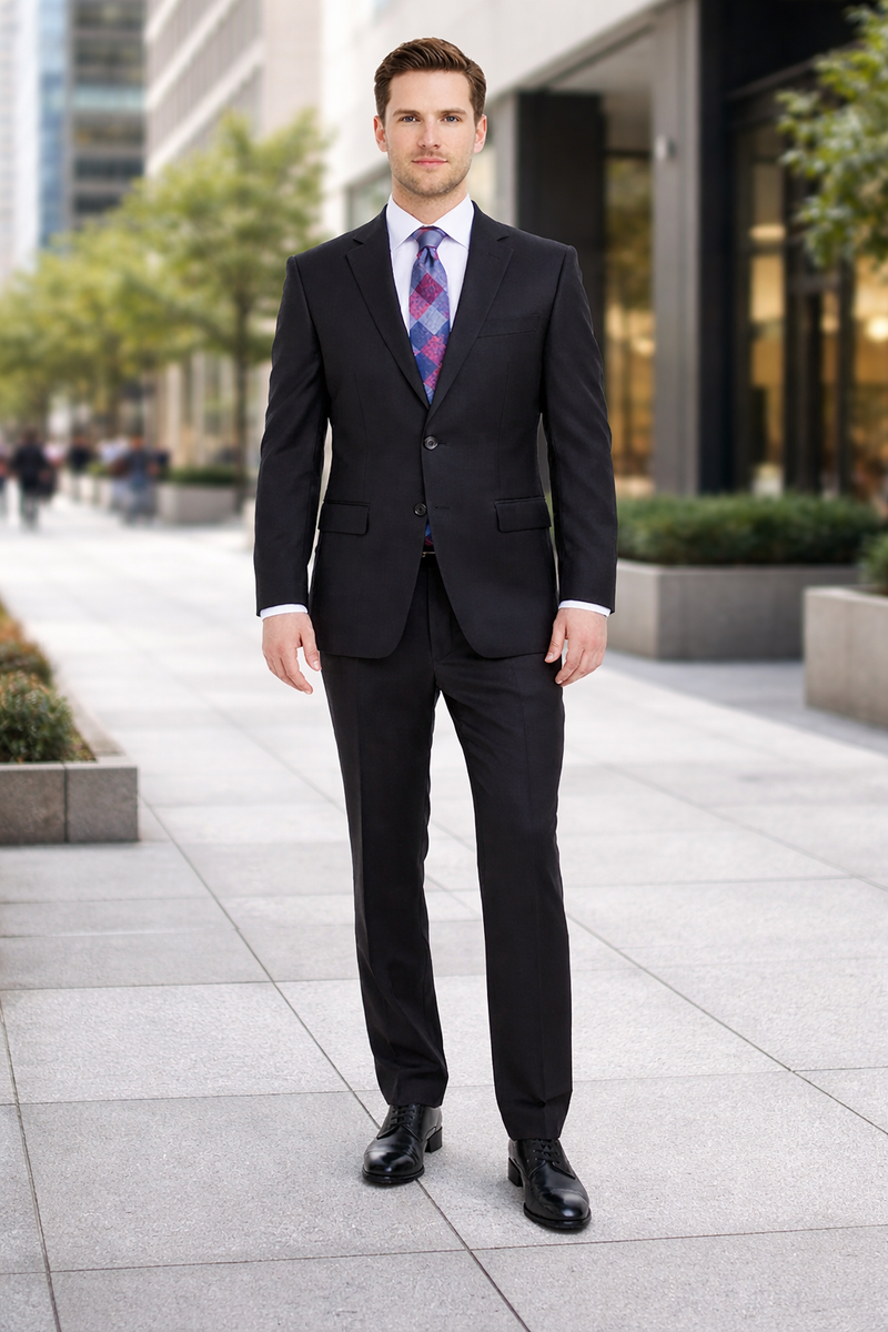 Mix And Match Suits Solid Black Men's Portly Fit Two Button Super 130s Suit Executive Fit Suit - Mens Portly Suit