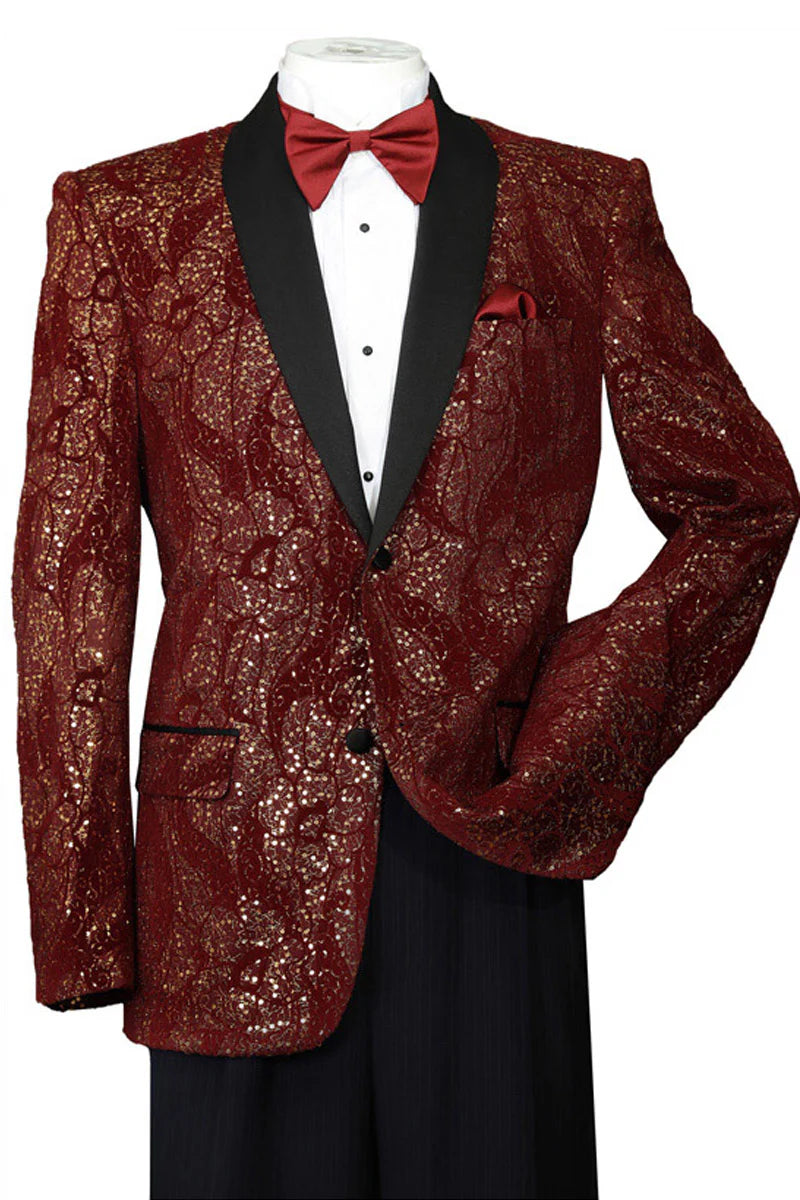 Mens Burgundy and gold Paisley Glitter 2-Button Tuxedo Suit