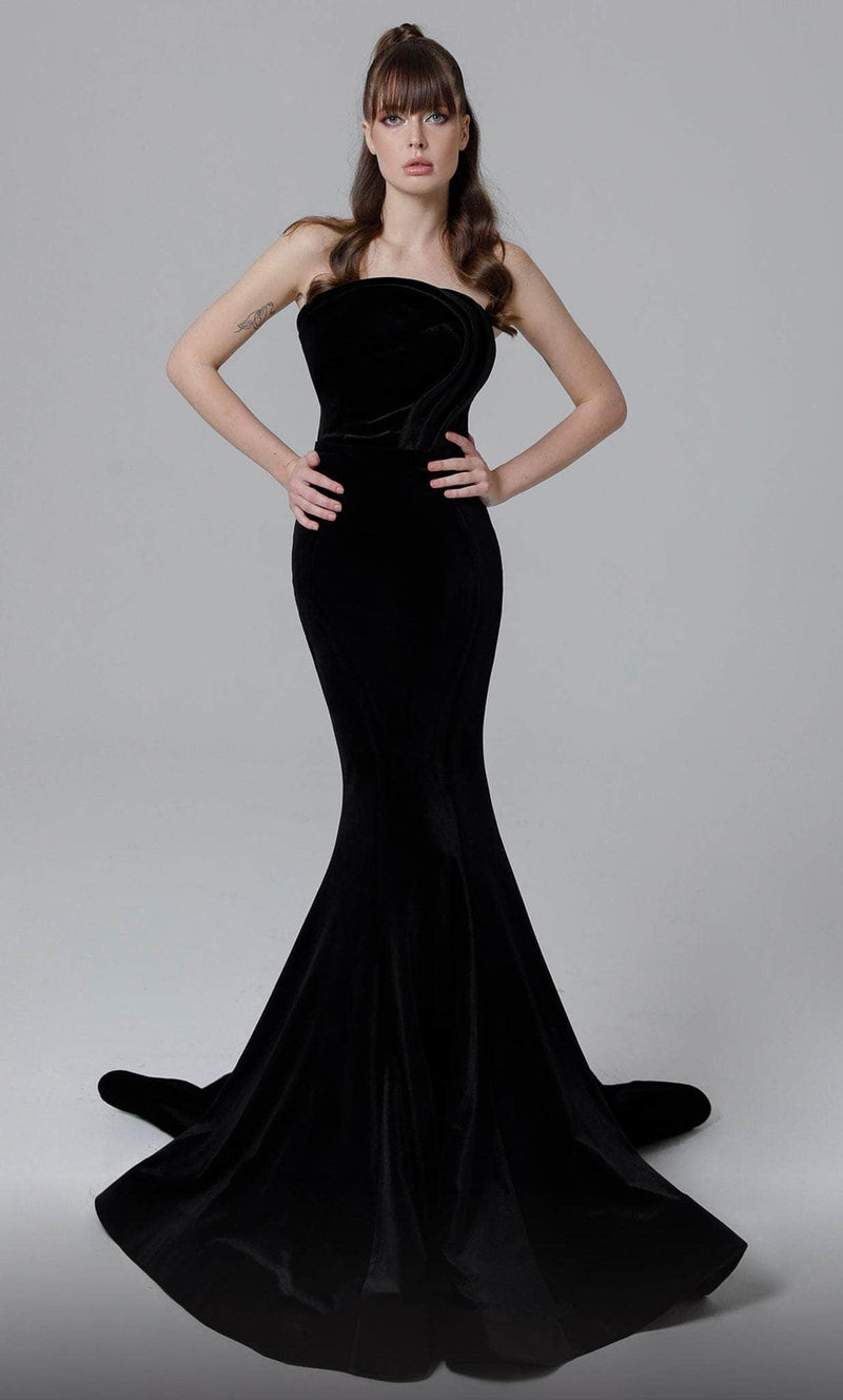 MNM Couture N0450 Black Velvet Strapless Evening Gown
