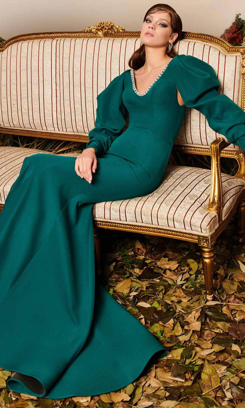 Emerald Green Puffy Sleeve Mermaid Gown by MNM Couture