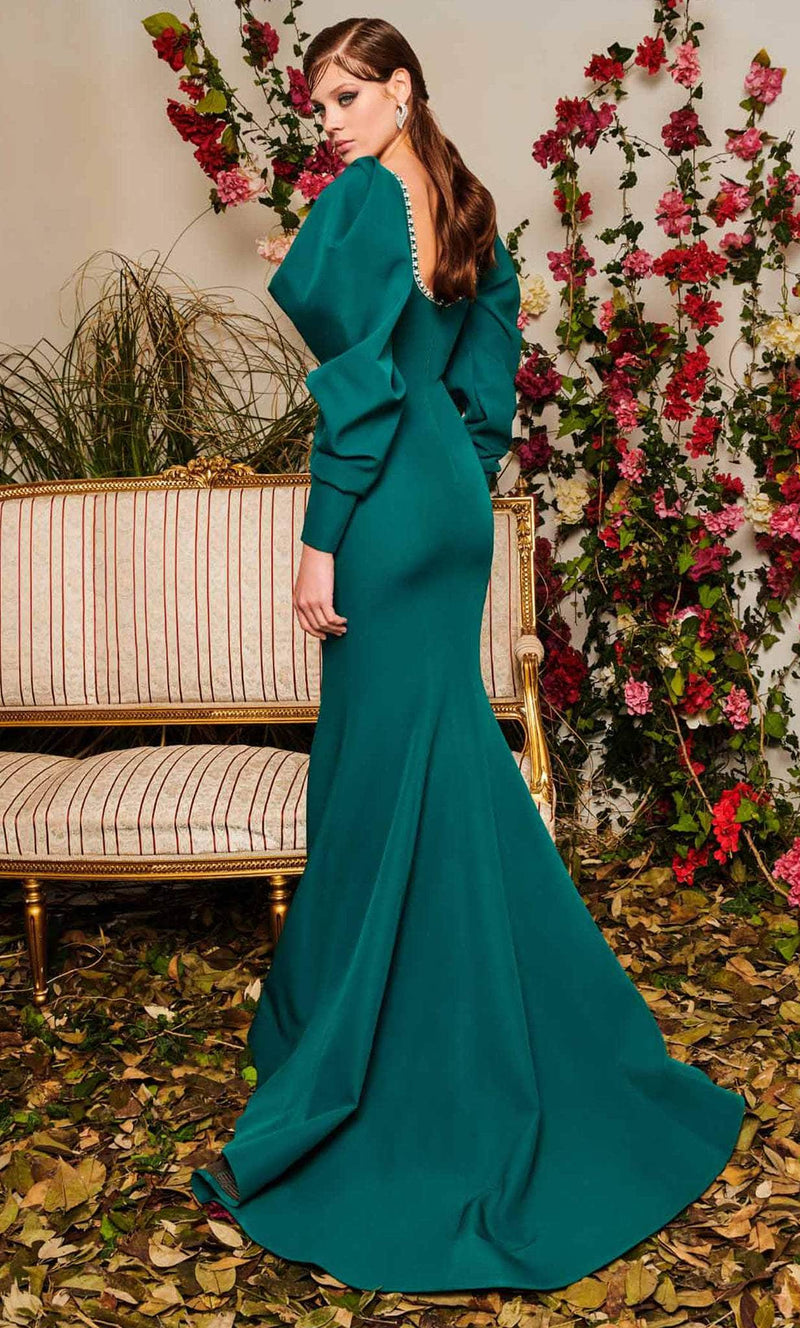 Emerald Green Puffy Sleeve Mermaid Gown by MNM Couture
