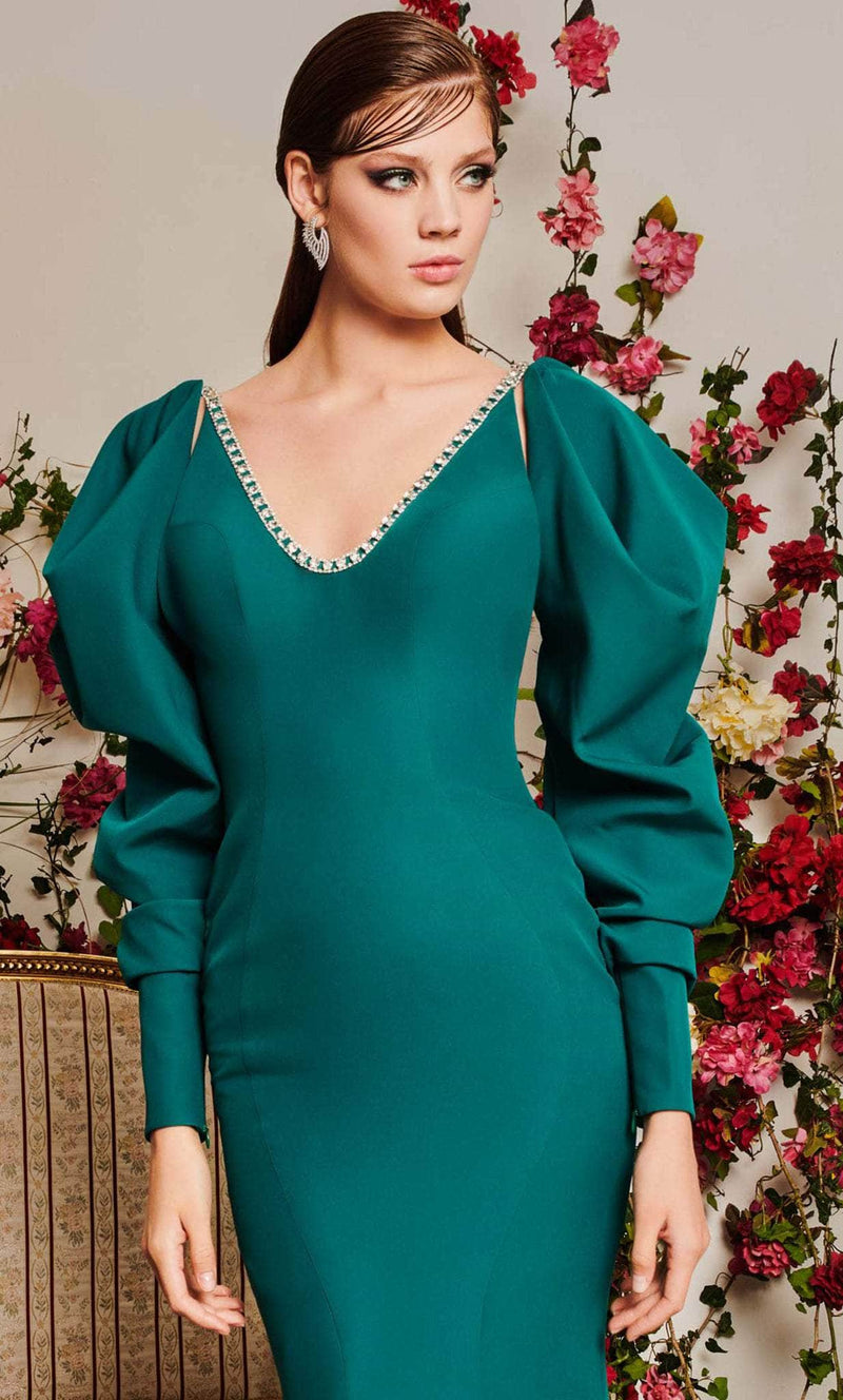 Emerald Green Puffy Sleeve Mermaid Gown by MNM Couture
