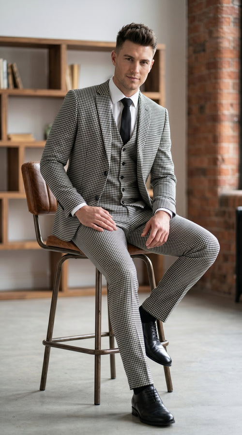 Men’s Black and White Houndstooth Checkered 3 Piece Suit, Gray Checkered Formal Wedding Business Suit Set
