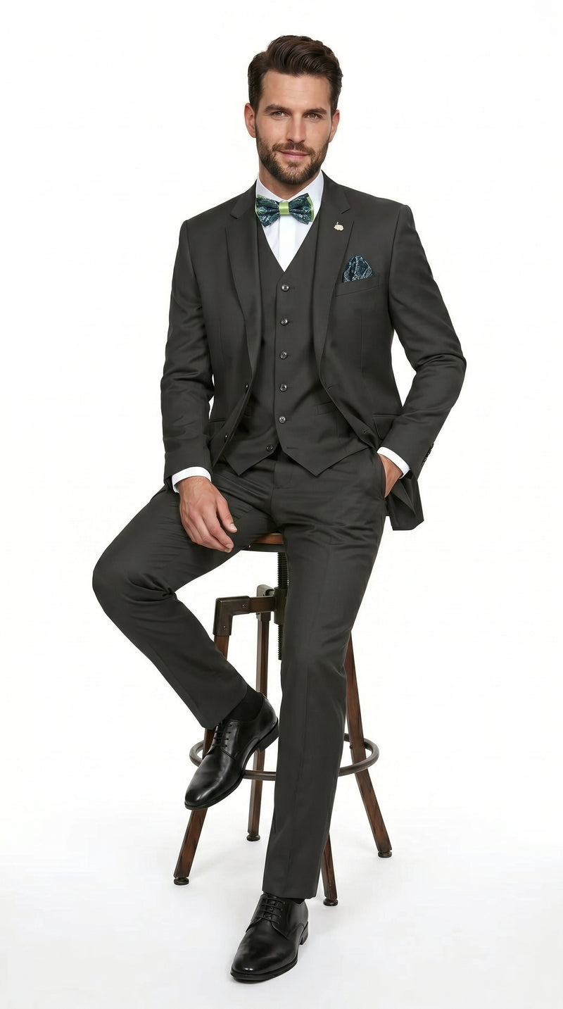 Statement Men’s Solid Olive 100% Wool Vested Suit, Formal Wedding Business 3 Piece Suit Set