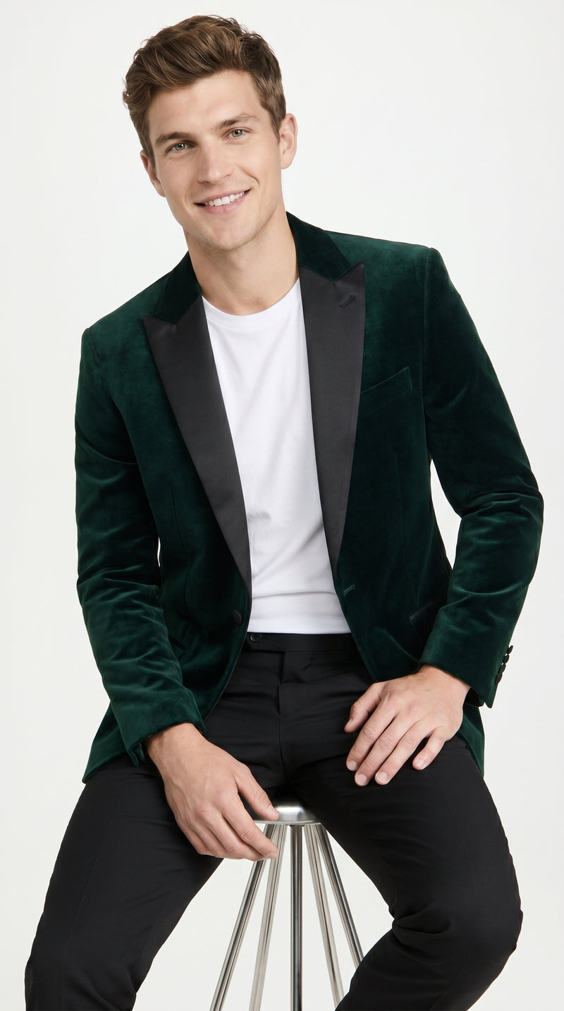 Men’s Olive Hunter Green Velvet Tuxedo Jacket with Black Satin Lapel, Formal Dinner Blazer
