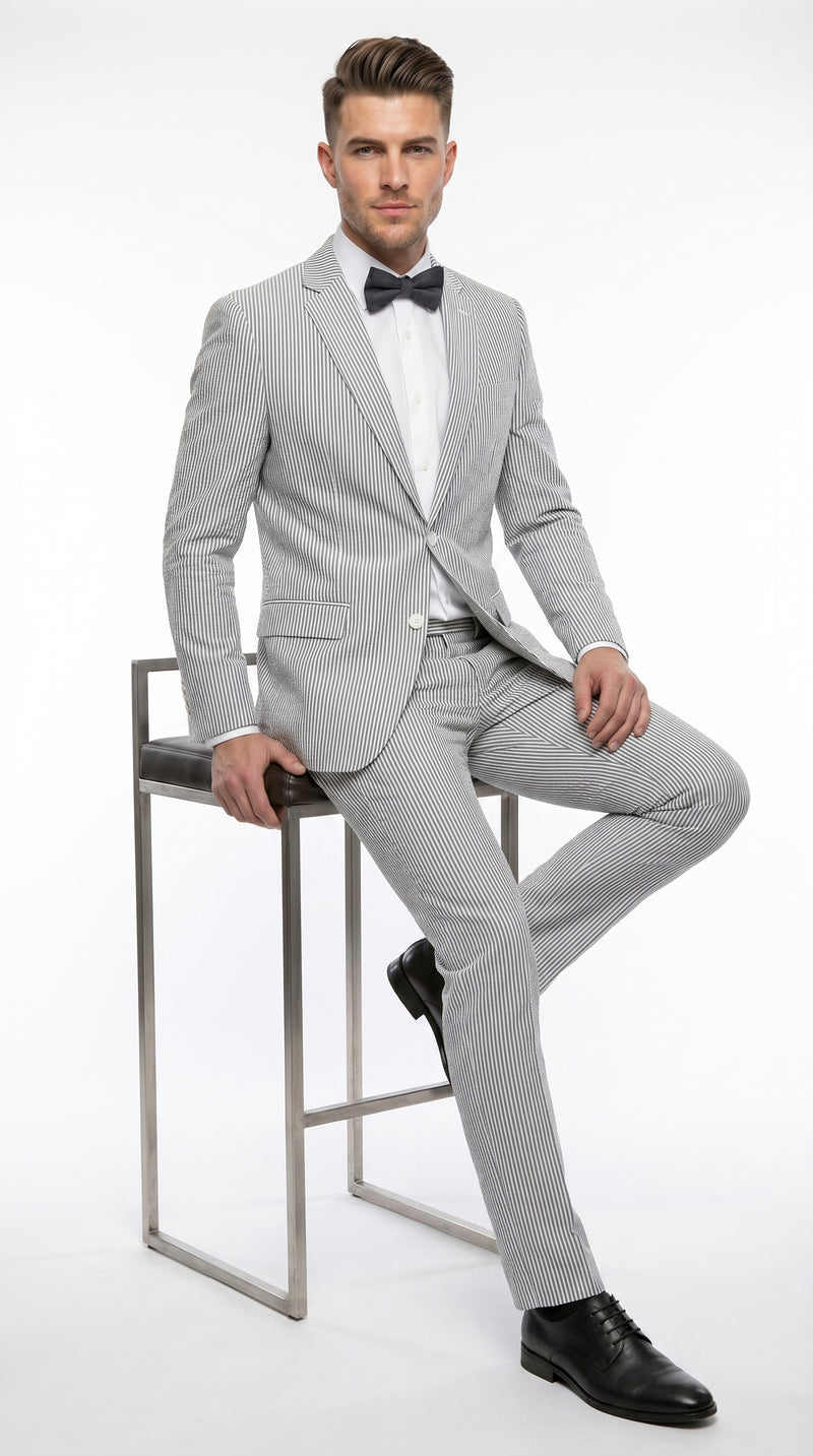 Men’s Gray Seersucker Suit, Lightweight Summer Wedding Prom Dress Suit