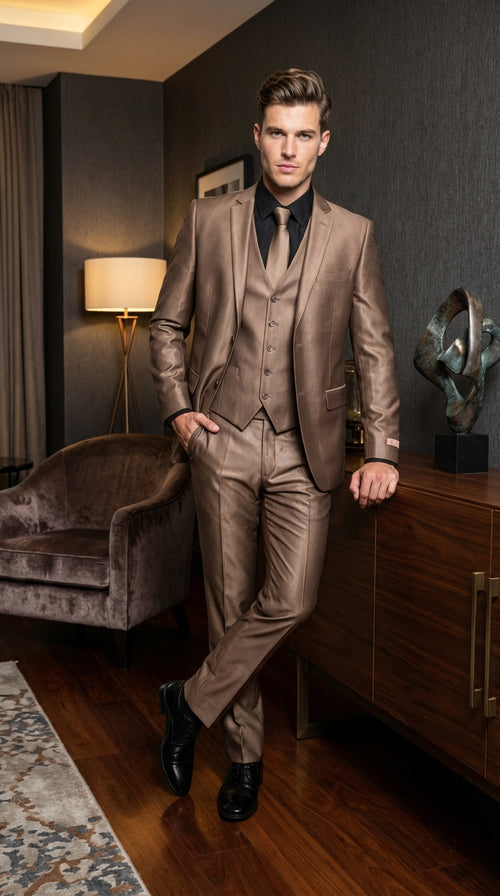 Men’s Bronze Brown Mocco 3 Piece Suit – Modern Formal Suit Set for Wedding, Prom and Business Events Light Brown Coffee Dark Tan