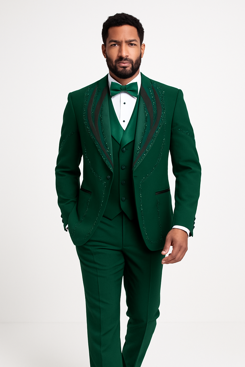 Hunter green Italian wool tuxedo. Modern fit, three-piece: jacket with subtle details, vest, flat-front trousers. Smooth finish.