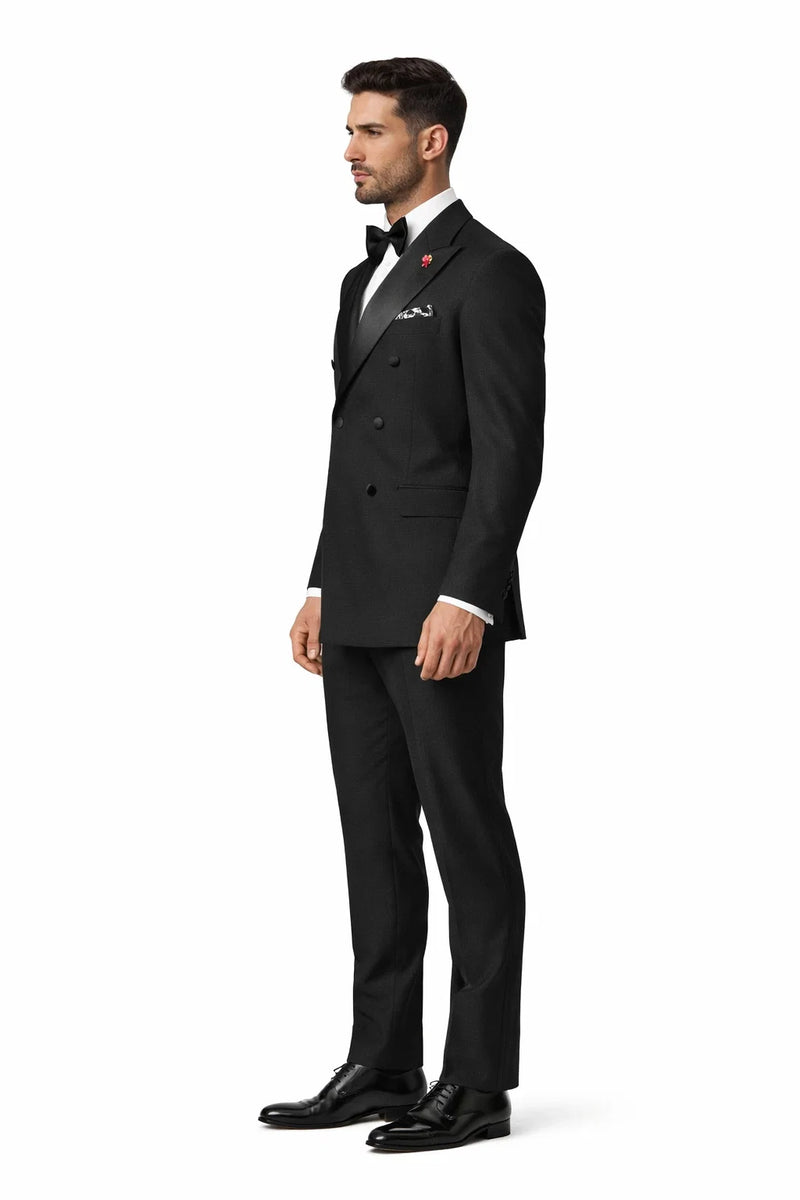 Modern Fit Black 2 Piece Double Breasted Tuxedo Adjustable Waistband with Oversized Bow Tie