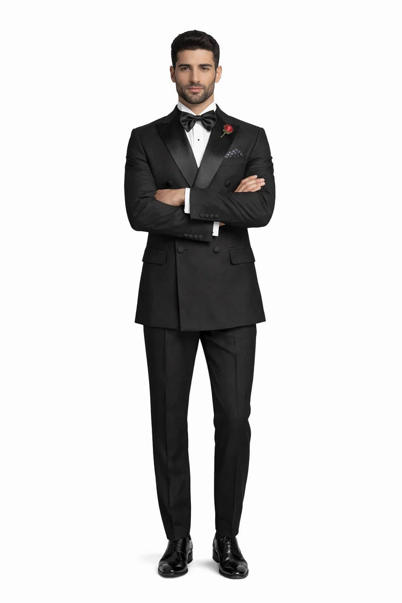 Modern Fit Black 2 Piece Double Breasted Tuxedo Adjustable Waistband with Oversized Bow Tie