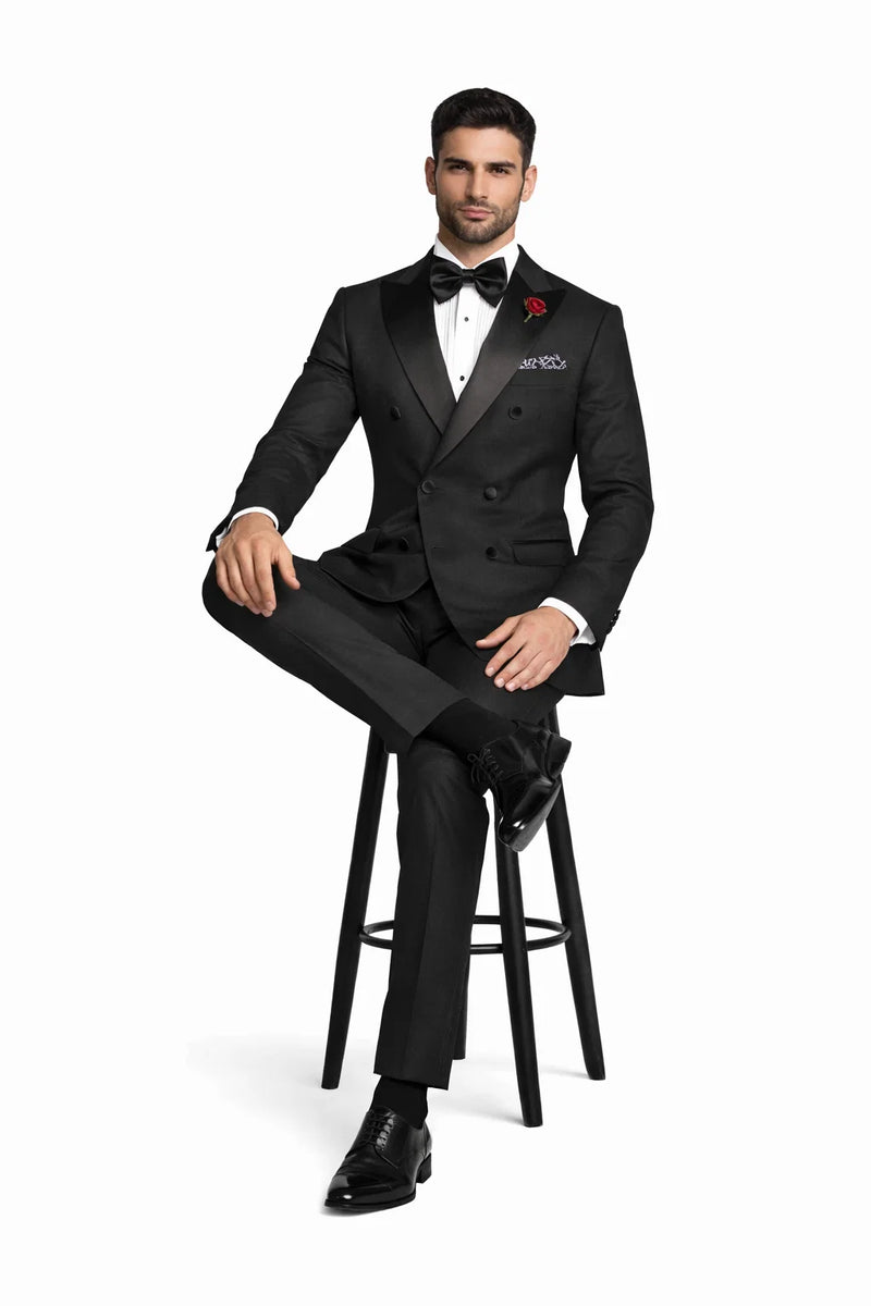 Modern Fit Black 2 Piece Double Breasted Tuxedo Adjustable Waistband with Oversized Bow Tie