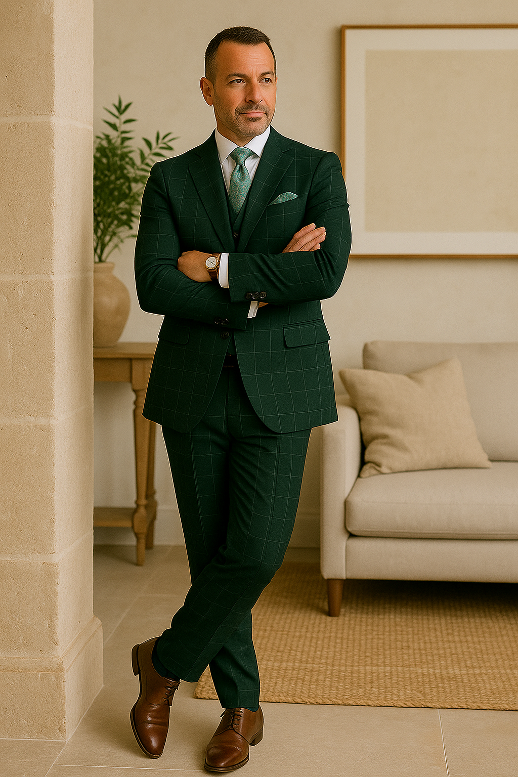 Hunter Green Plaid Suit - Windowpane Pattern Modernt Fit in Dark Green With Vest