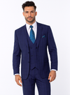 "Modern Fit Men's Plaid Windowpane Suit with Double-Breasted Vest - Navy Blue"