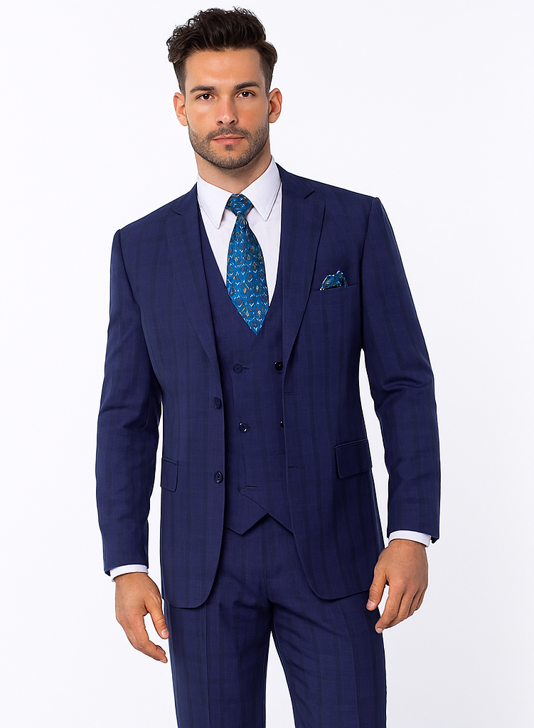 "Modern Fit Men's Plaid Windowpane Suit with Double-Breasted Vest - Navy Blue"