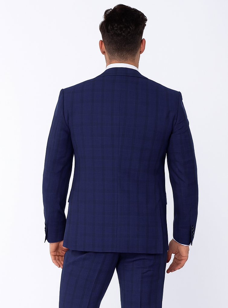 "Modern Fit Men's Plaid Windowpane Suit with Double-Breasted Vest - Navy Blue"
