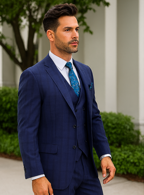"Modern Fit Men's Plaid Windowpane Suit with Double-Breasted Vest - Navy Blue"