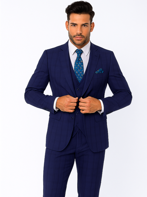 "Modern Fit Men's Plaid Windowpane Suit with Double-Breasted Vest - Navy Blue"