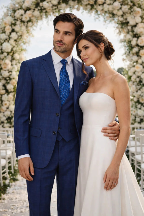 "Modern Fit Men's Plaid Windowpane Suit with Double-Breasted Vest - Navy Blue"