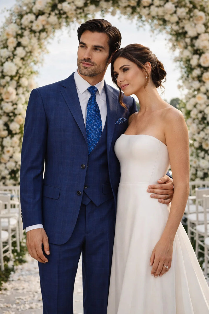 "Modern Fit Men's Plaid Windowpane Suit with Double-Breasted Vest - Navy Blue"
