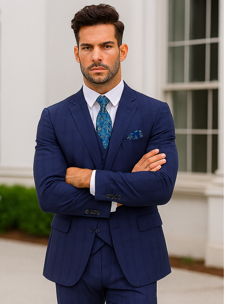 "Modern Fit Men's Plaid Windowpane Suit with Double-Breasted Vest - Navy Blue"