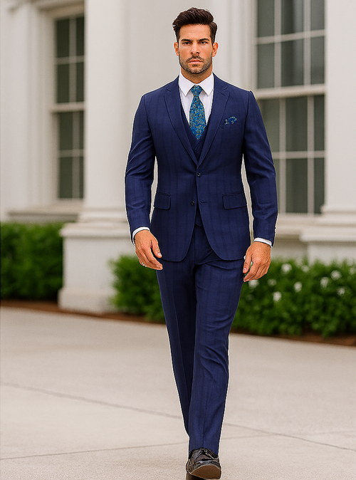 "Modern Fit Men's Plaid Windowpane Suit with Double-Breasted Vest - Navy Blue"