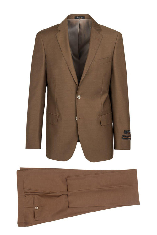 Brown Tiglio Italian suit. Two-piece set: blazer & trousers. Blazer: notch lapel, 2 buttons, 2 pockets. Trousers: flat front, single button closure. Smooth, subtly shiny fabric.