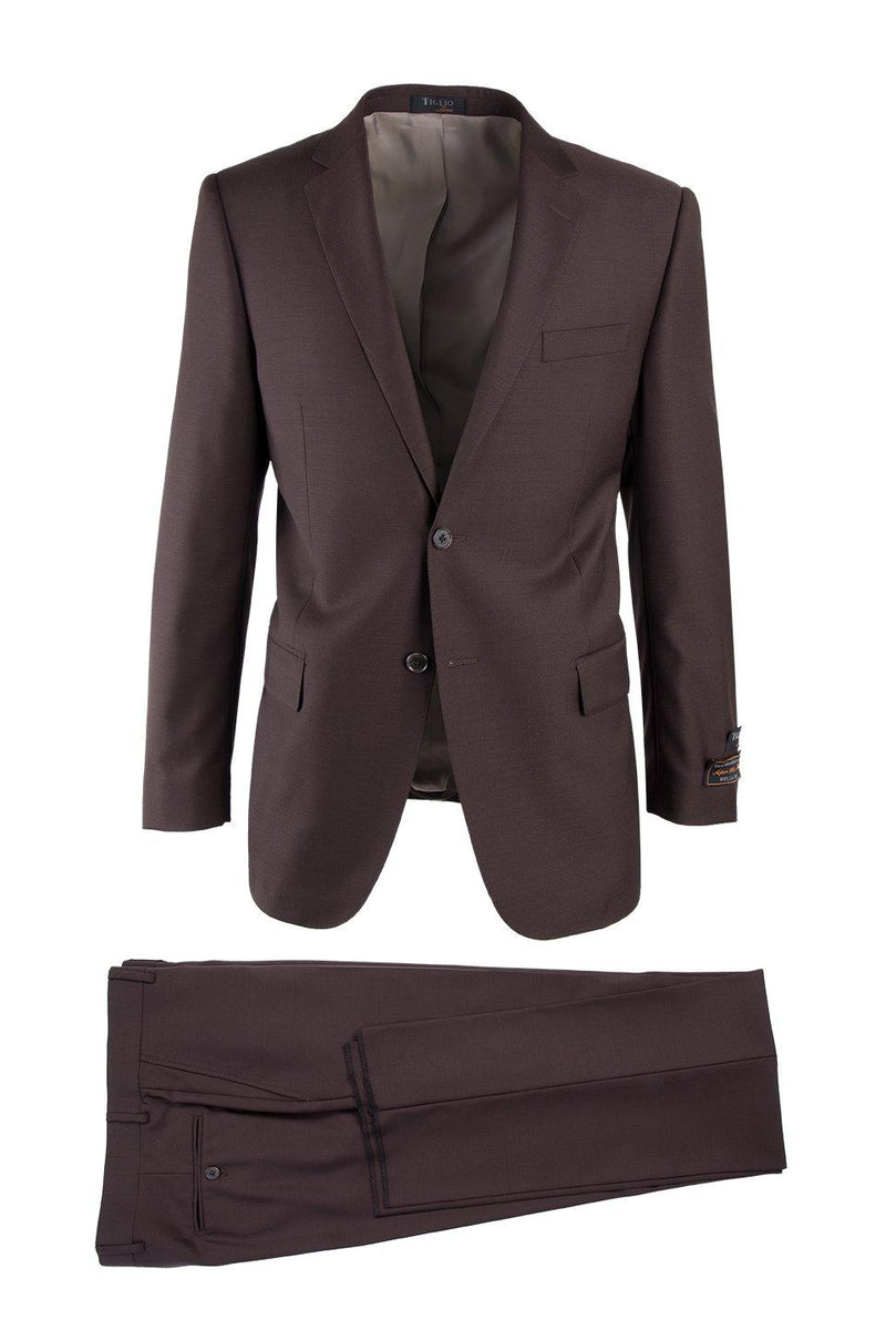 Tiglio Italian two-piece suit: brown jacket (two-button, notched lapel) & straight-leg trousers. Jacket: front pockets, contrasting lining. Trousers: flat front, button closure, belt loops.