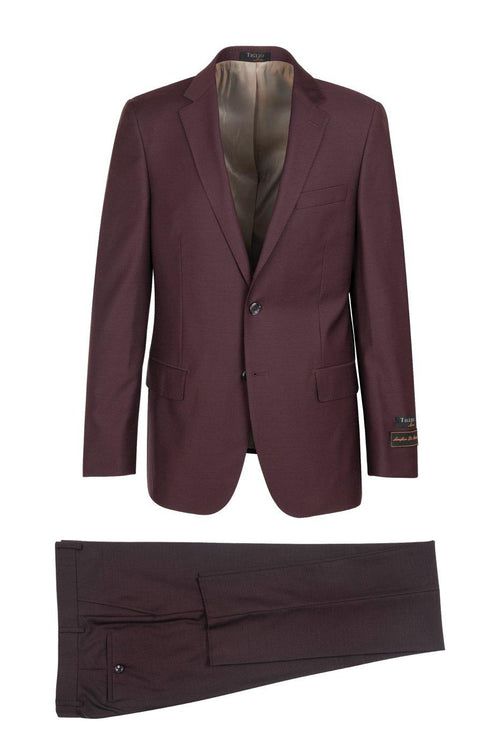 Tiglio Italian suit in burgundy: single-button jacket with notch lapel and pockets, paired with flat-front trousers. Smooth fabric, likely a formal blend.