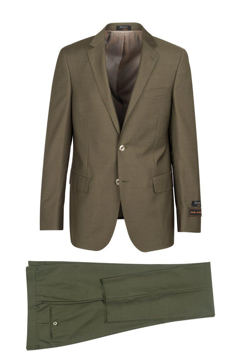 Tiglio Italian suit in muted olive green. Single-breasted jacket with notched lapel, two front pockets, and chest pocket. Two-button closure & smooth lining. Flat-front trousers with belt loops and one back pocket.