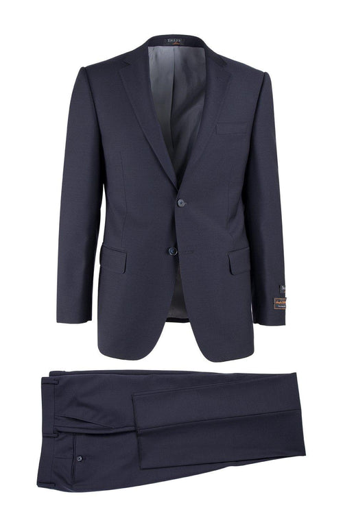 Tiglio Italian navy suit: two-piece, tailored blazer and trousers. Blazer: single-breasted, notched lapels, fitted. Trousers: straight-leg, flat front. Likely a smooth wool blend fabric.