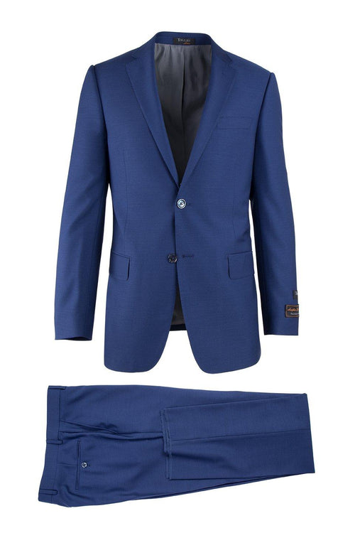 Tiglio Italian suit in solid blue. Tailored design with smooth fabric, narrow lapel blazer (two pockets) and flat-front trousers with single-button closure. Sleek, modern fit; no patterns.