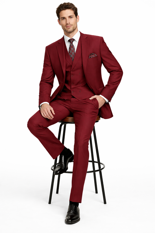 Modern Fit Wool Feel Two Button Jacket with Suit Burgundy