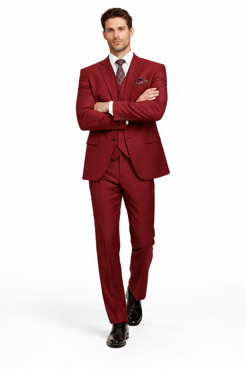 Modern Fit Wool Feel Two Button Jacket with Suit Burgundy
