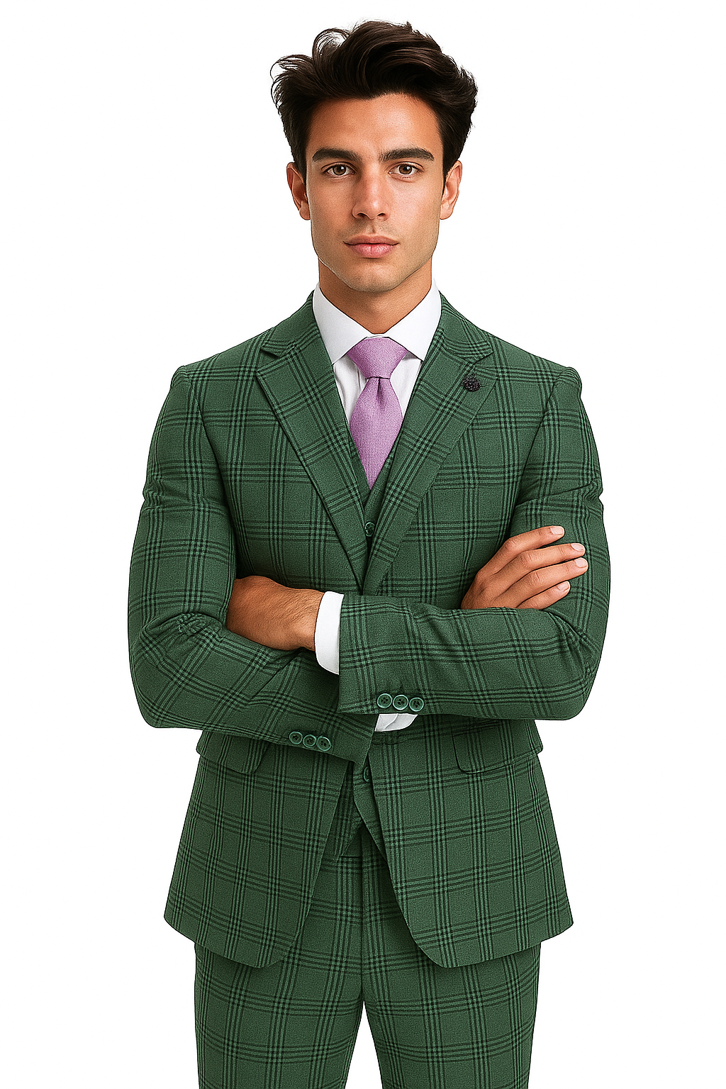 Stacy Adams - Hybrid Fit Plaid 3 Piece Green Suit