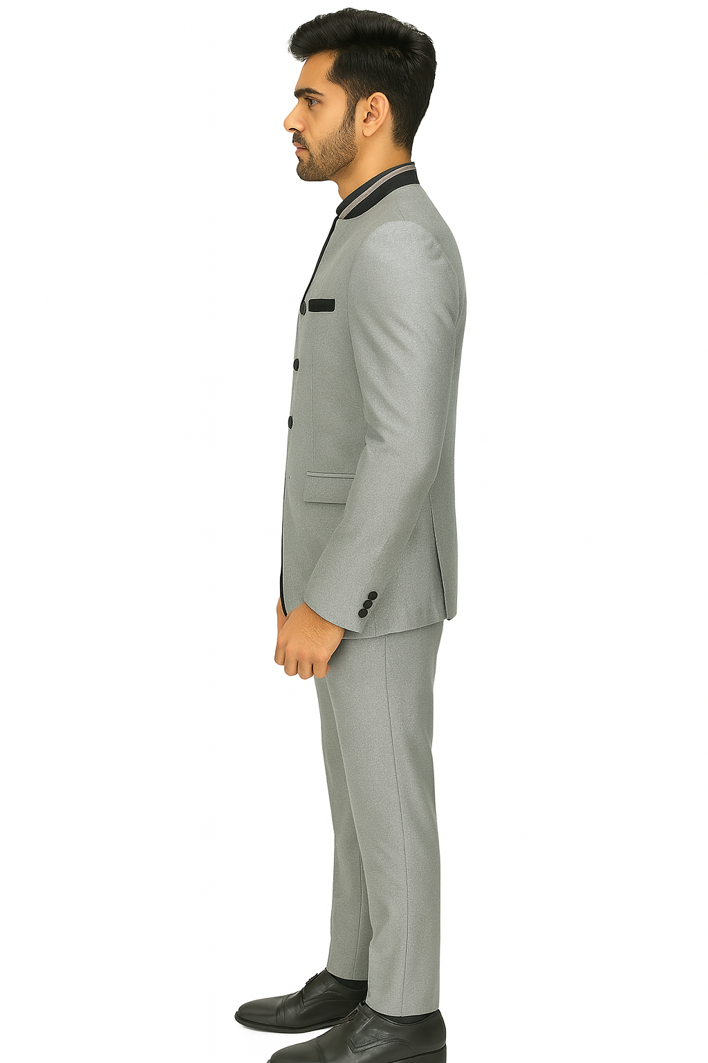 Mens 4 button Mandarin Tuxedo in Sharkskin Silver Grey with Black Trim
