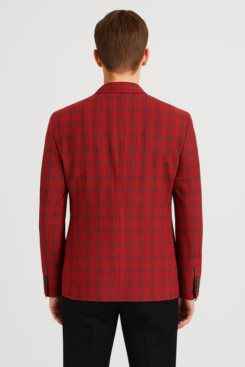 Modern red plaid blazer: Tailored fit, structured silhouette, notched lapels, and single vent. Bold red background with darker check pattern. Long sleeves with buttoned cuffs for a refined look.
