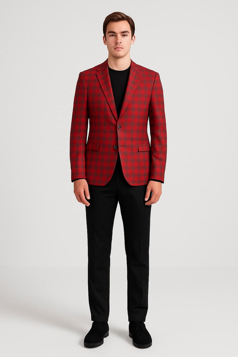 Red plaid blazer. Single-breasted, notched lapels, two buttons. Structured fit, tailored silhouette. Vibrant red with black checkered pattern. Front pockets.
