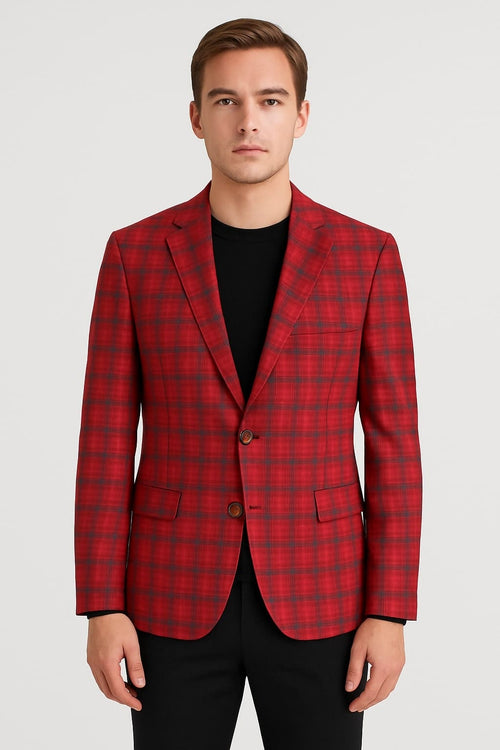 Alberto Nardoni's modern red plaid blazer. Tailored fit, single-breasted, wide lapels. Red fabric with black/dark red plaid. Two brown buttons. Structured design with visible stitching.
