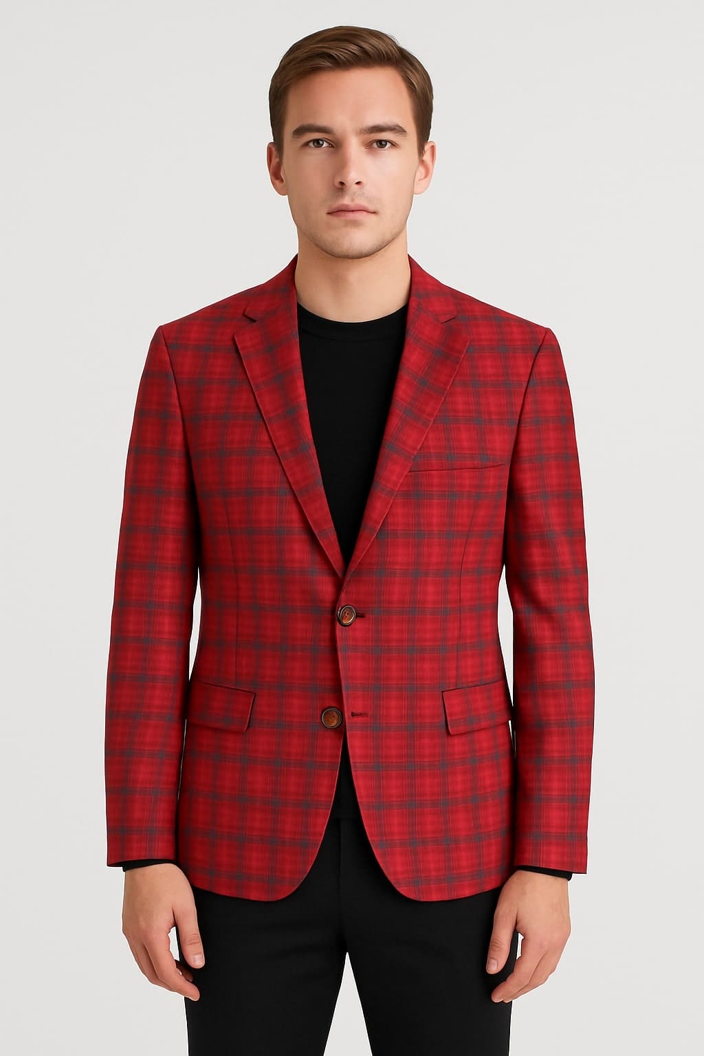 Modern Red Plaid Blazer – Tartan Windowpane Pattern Christmas Party Color
