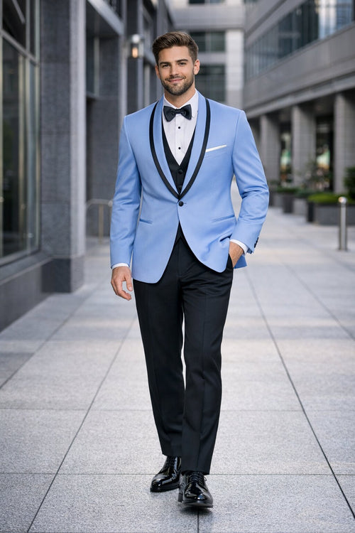 Mens Designer Satin Trim Valencia Shawl Tuxedo in Sky Blue