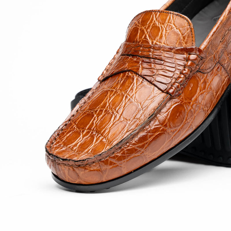 Zelli Monza Genuine Caiman Crocodile Driving Loafers in Cognac