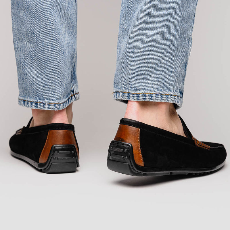 Zelli Monza Suede & Calfskin Driving Loafers in Black / Chestnut