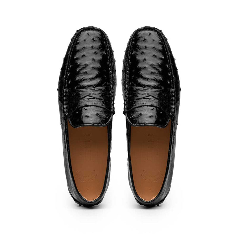 Zelli Monza Ostrich Quill Driving Loafers in Black