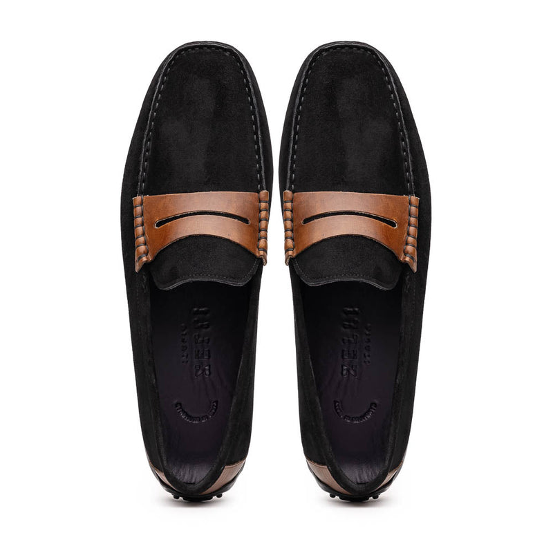 Zelli Monza Suede & Calfskin Driving Loafers in Black / Chestnut