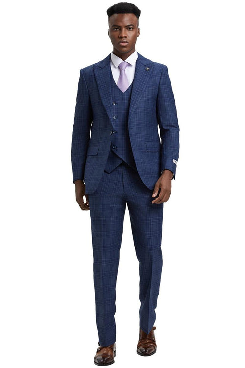 Men's Stacy Adams one-button peak lapel double-breasted vest suit features a blue and purple plaid pattern. The suit is tailored with structured shoulders and a slim fit.