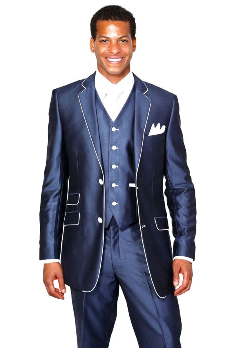 Sharkskin Slim Fit Suit with Vest, Navy Blue – Men’s