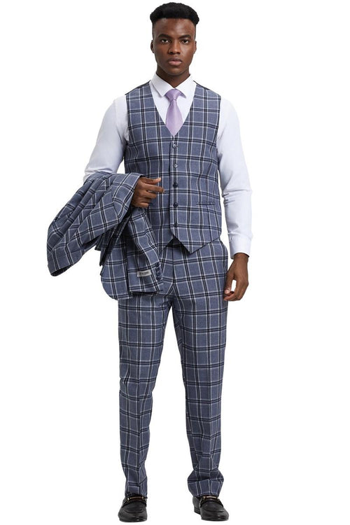 Men's Stacy Adams two-button vested suit in grey features a glen plaid check pattern. The fabric has a smooth texture and includes a vest, trousers, and a jacket.