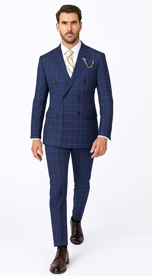 Naples Collection - Blue Modern Fit Double Breasted Windowpane Peak Lapel 2 Piece Suit